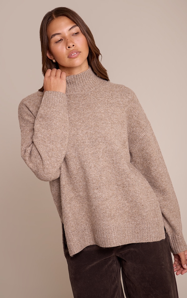 Taupe Oversized Polo Neck Knitted Sweater