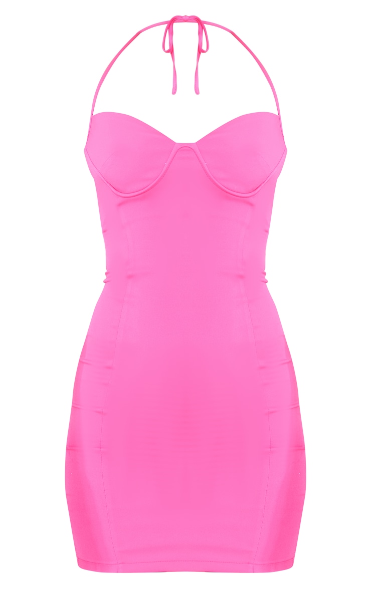 Prettylittlething Women's Hot Pink Slinky Halterneck Cowl Bodycon Dress - Size 4