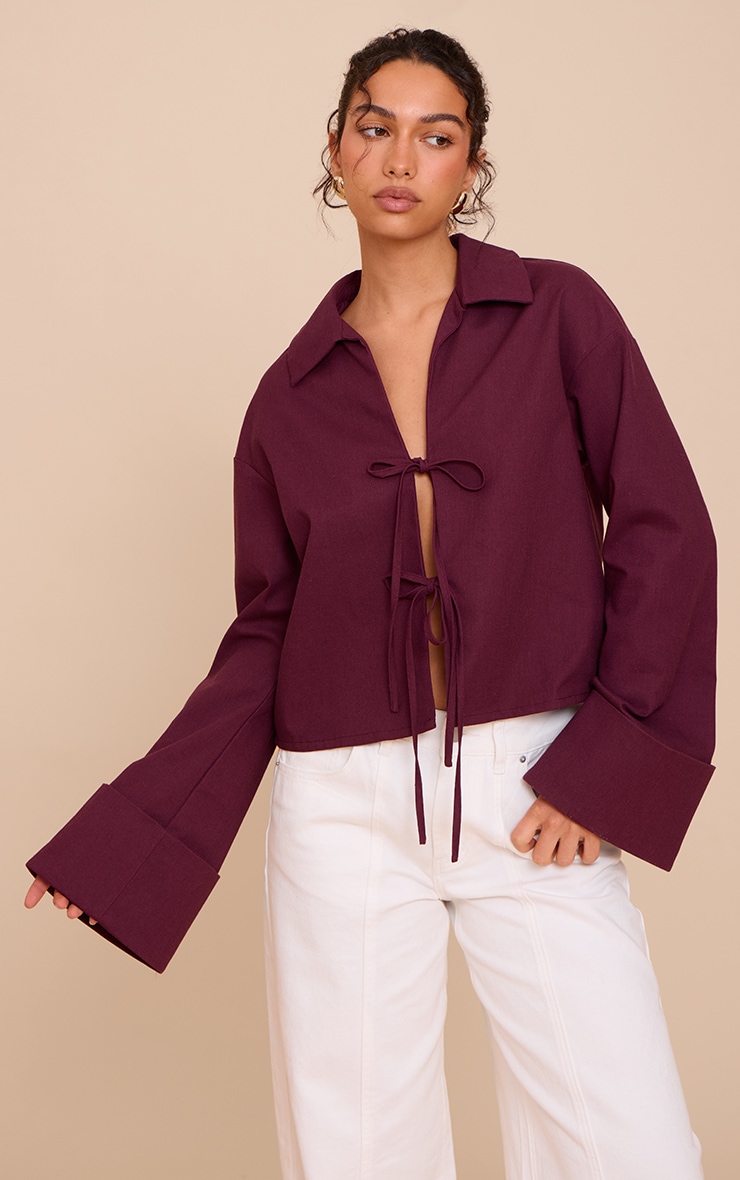 Plum Tie Front Linen Look Collar Blazer image 1