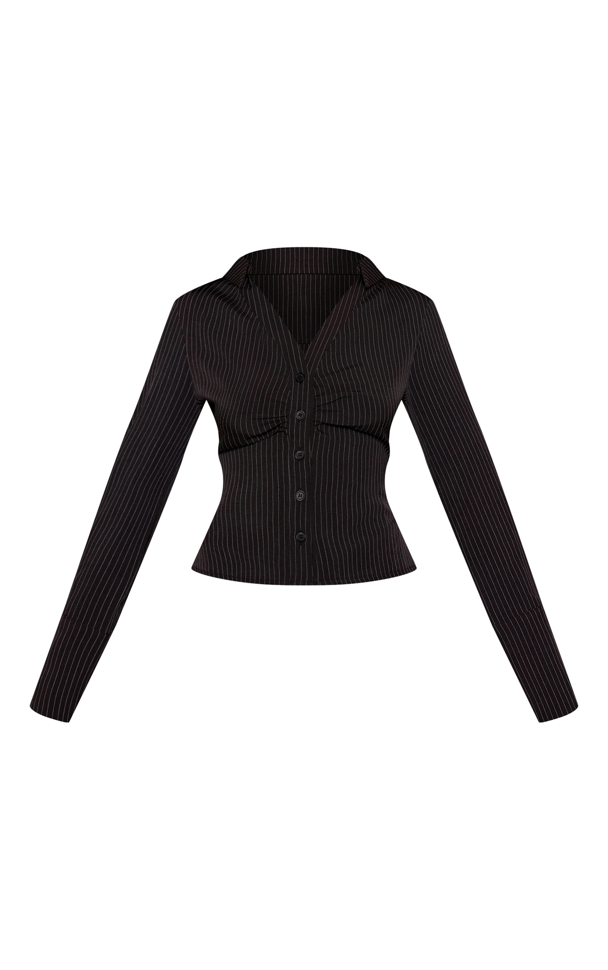 Petite Black Pinstripe Ruched Bust Button Up Shirt  image 5