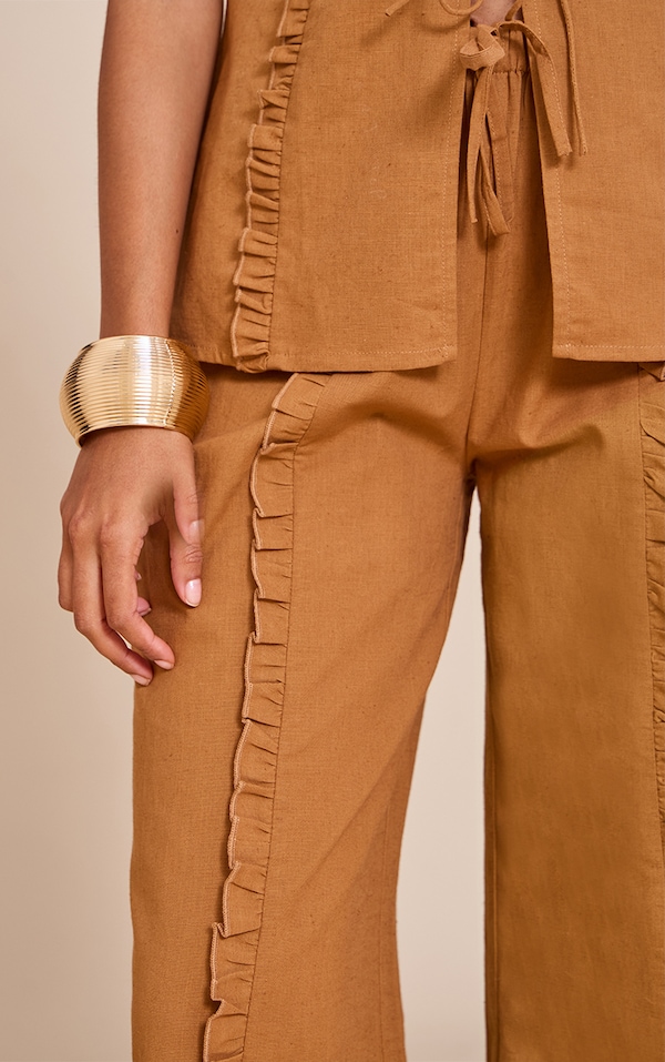 Tan Linen Look Wide Leg Drawstring Trousers | Co-ords | PLT
