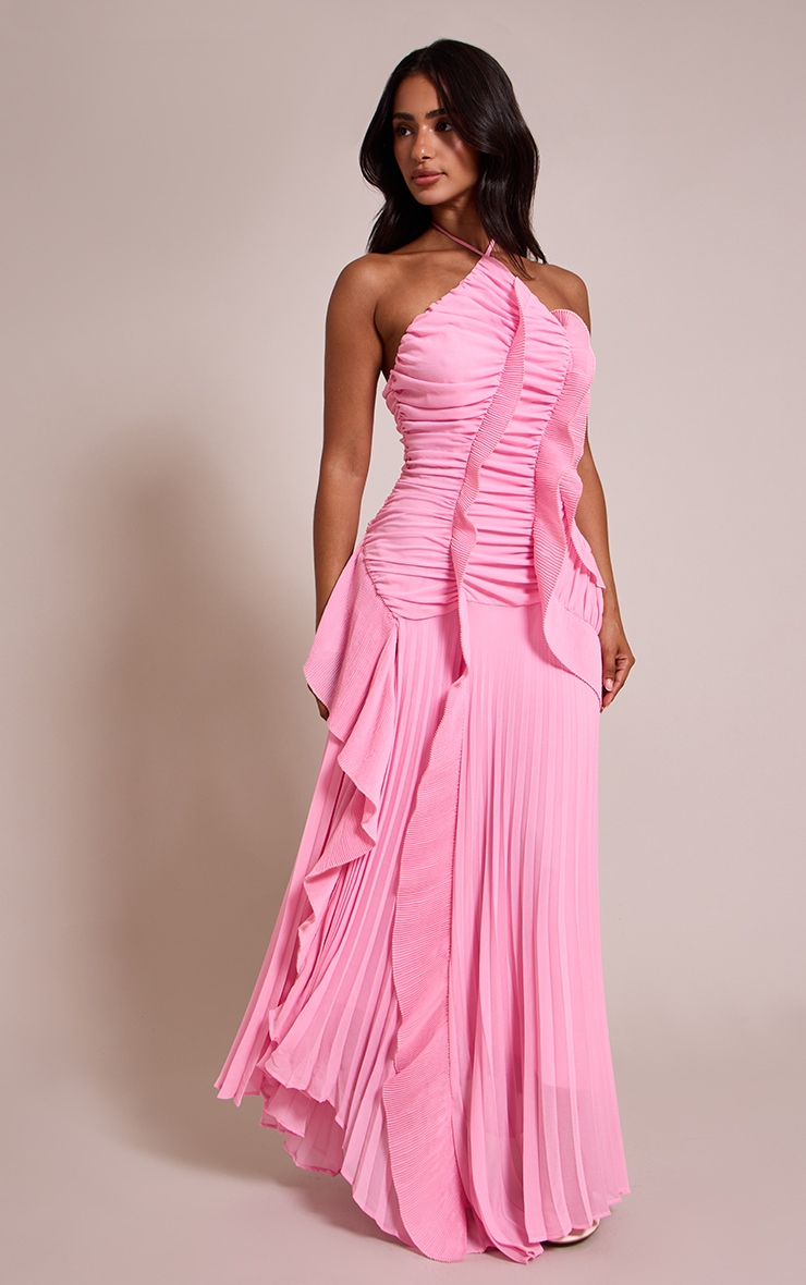 Petite Pink Halterneck Plisse Ruffle Detail Maxi Dress image 1