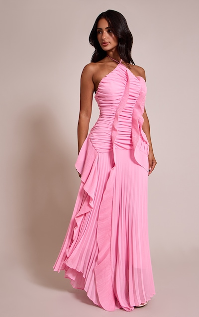 Petite Pink Halterneck Plisse Ruffle Detail Maxi Dress