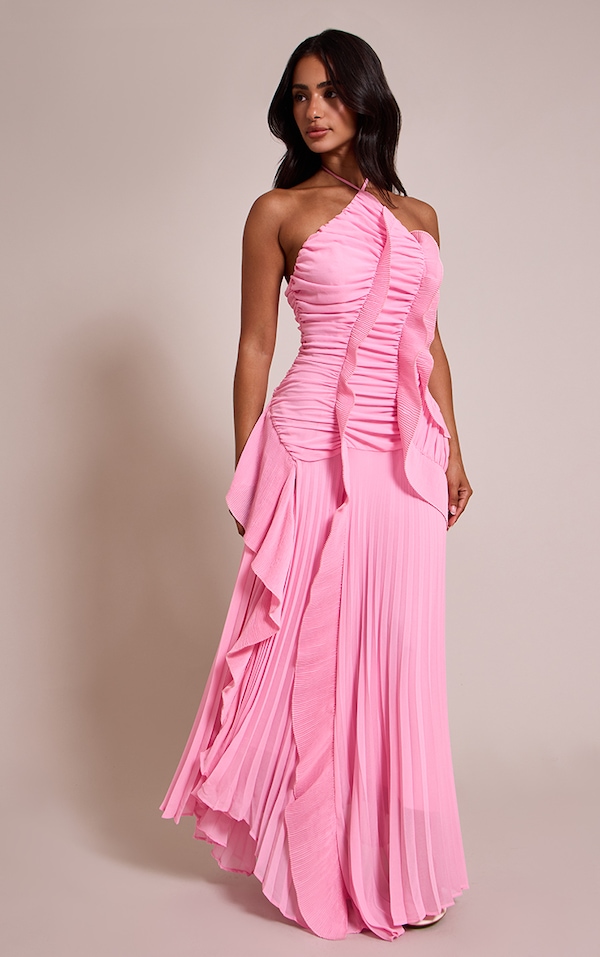 Petite Pink Halterneck Plisse Ruffle Detail Maxi Dress