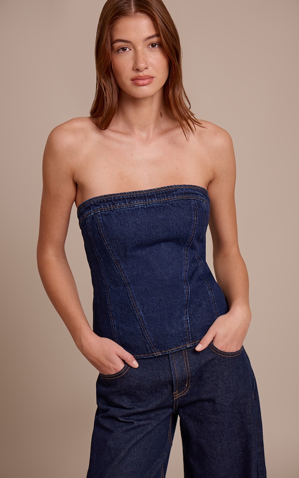 Top corset bustier en jean indigo sans bretelles