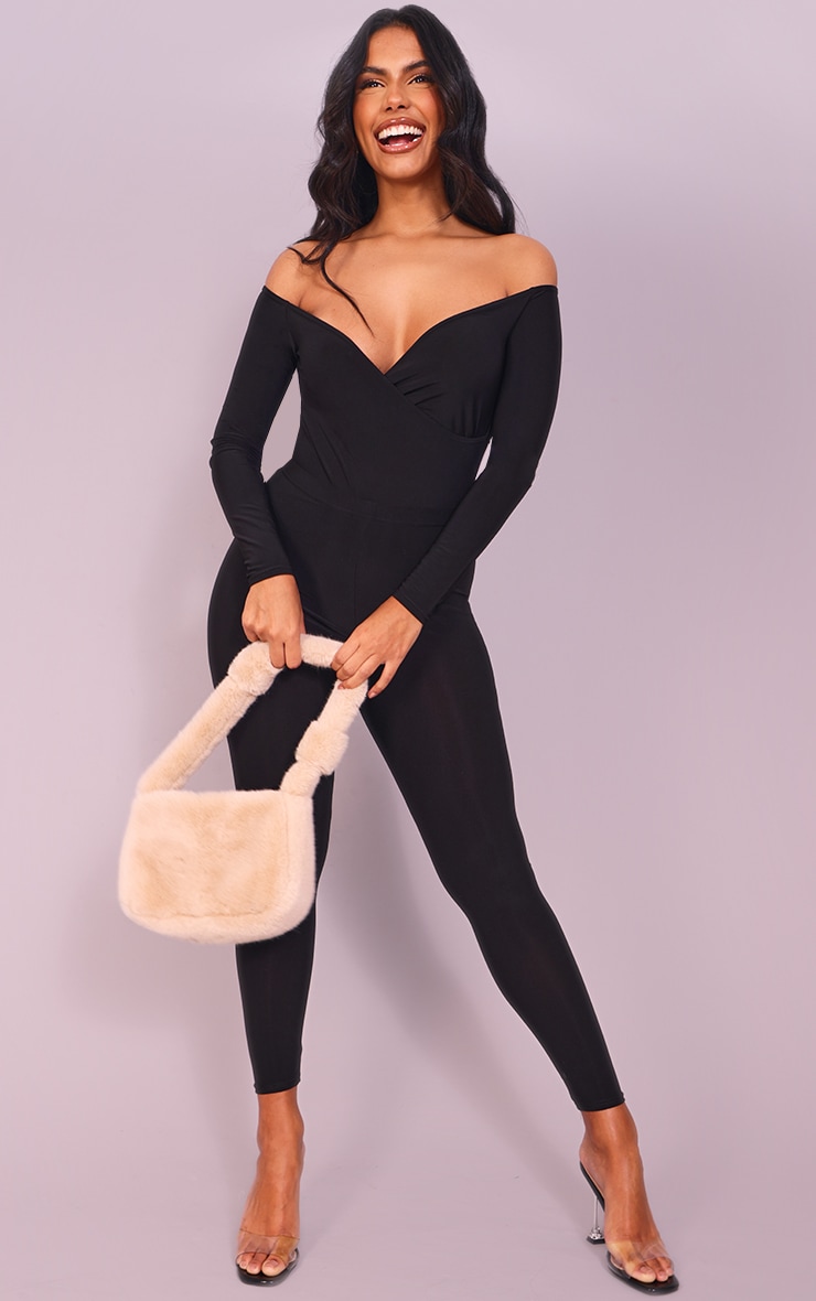 Black Slinky Wrap Front Long Sleeve Bodysuit image 3