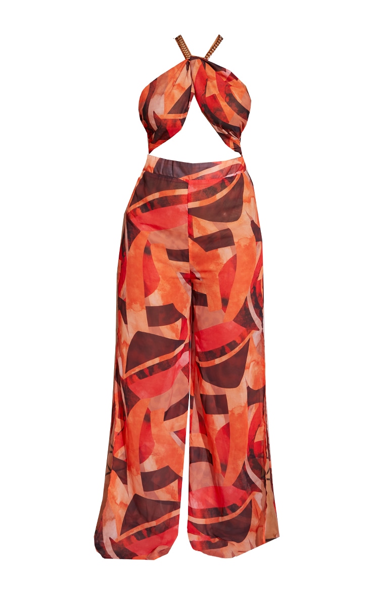 Plus Orange Abstract Print Chain Detail Split Leg Jumpsuit image 5