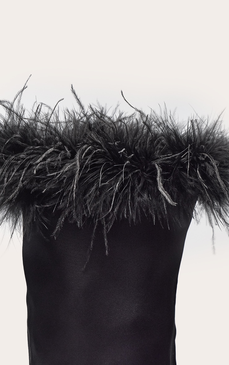 Black Satin Feather Trim Heeled Knee High Boot image 5