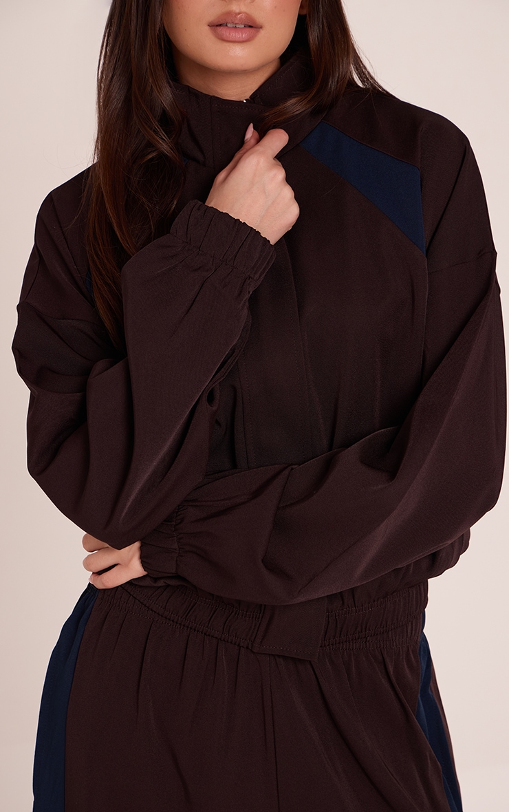 Chocolate Tricot Contrast Stripe Funnel Neck Jacket image 4