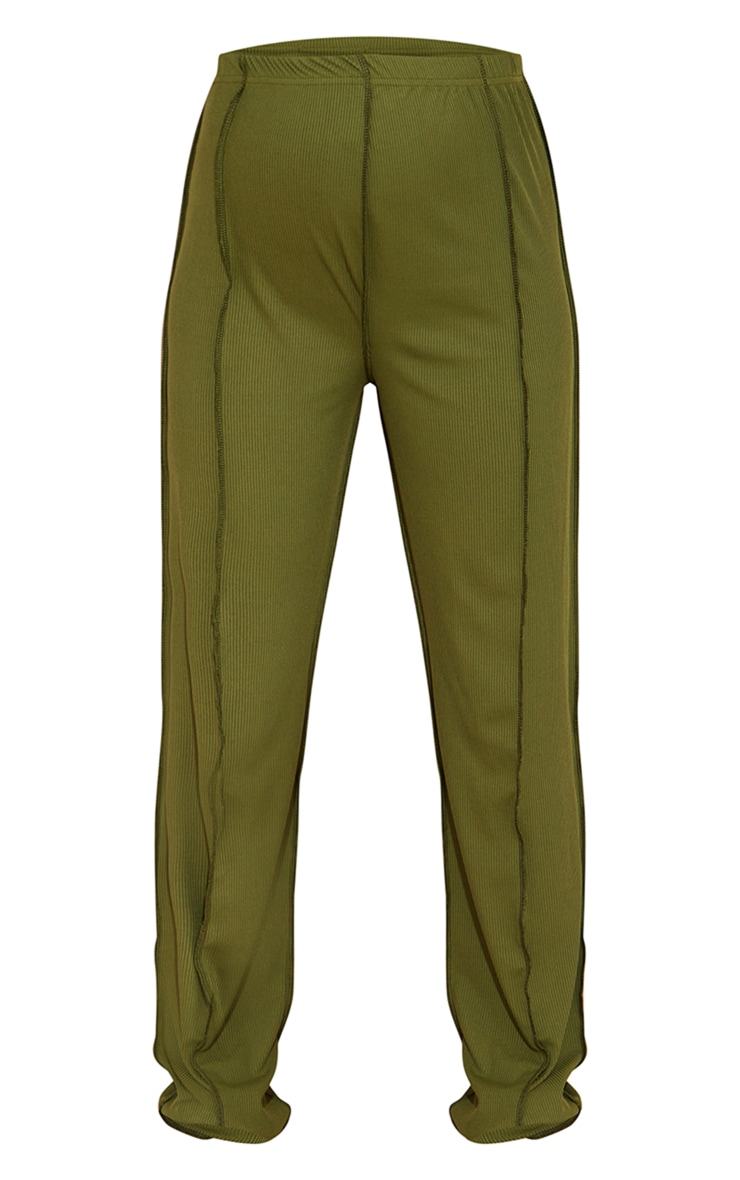 Maternity Khaki Ribbed Seam Detail High Waisted Wide Leg Trousers image 5