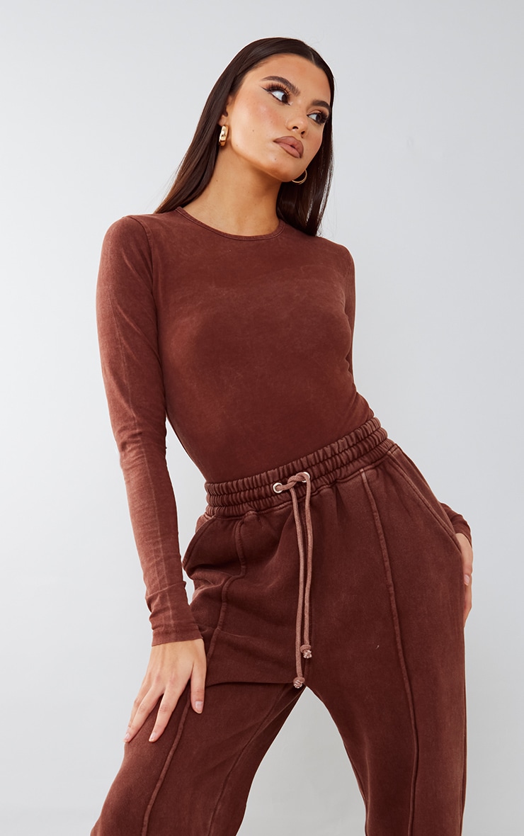 Mocha Brown Washed Long Sleeve Bodysuit image 3