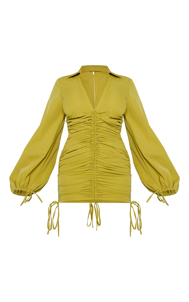 Olive Long Sleeve Ruched V Neck Shirt Dress image 5