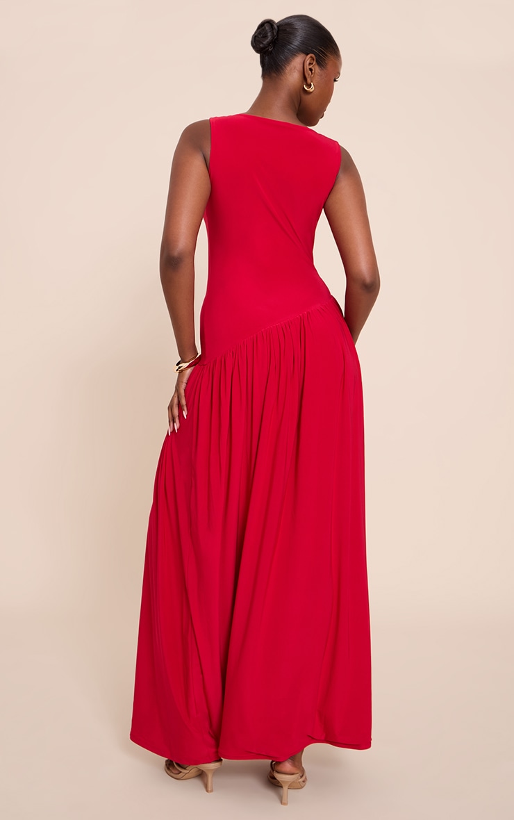 Red Double Layer Soft Touch Asymmetric Dropped Waist Maxi Dress image 2