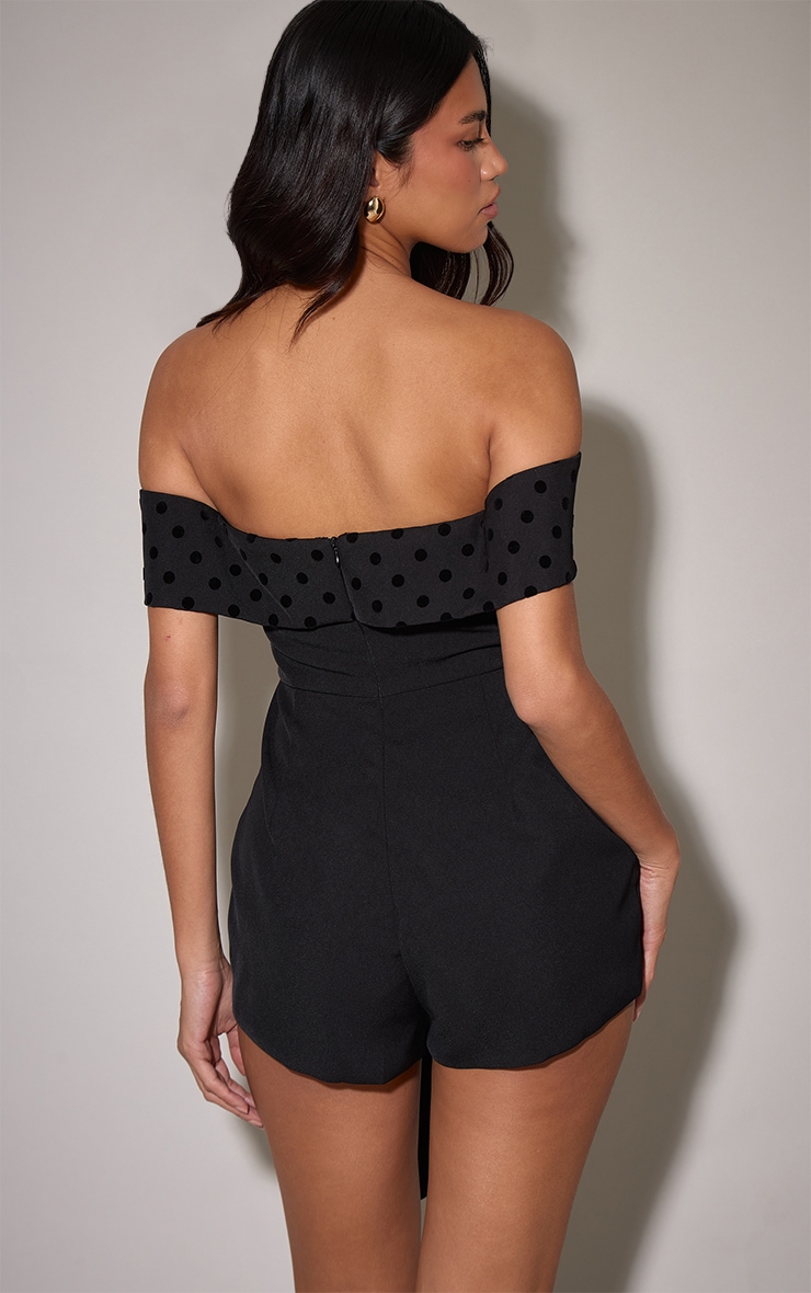 Black Woven Contrast Velvet Bow Romper image 2