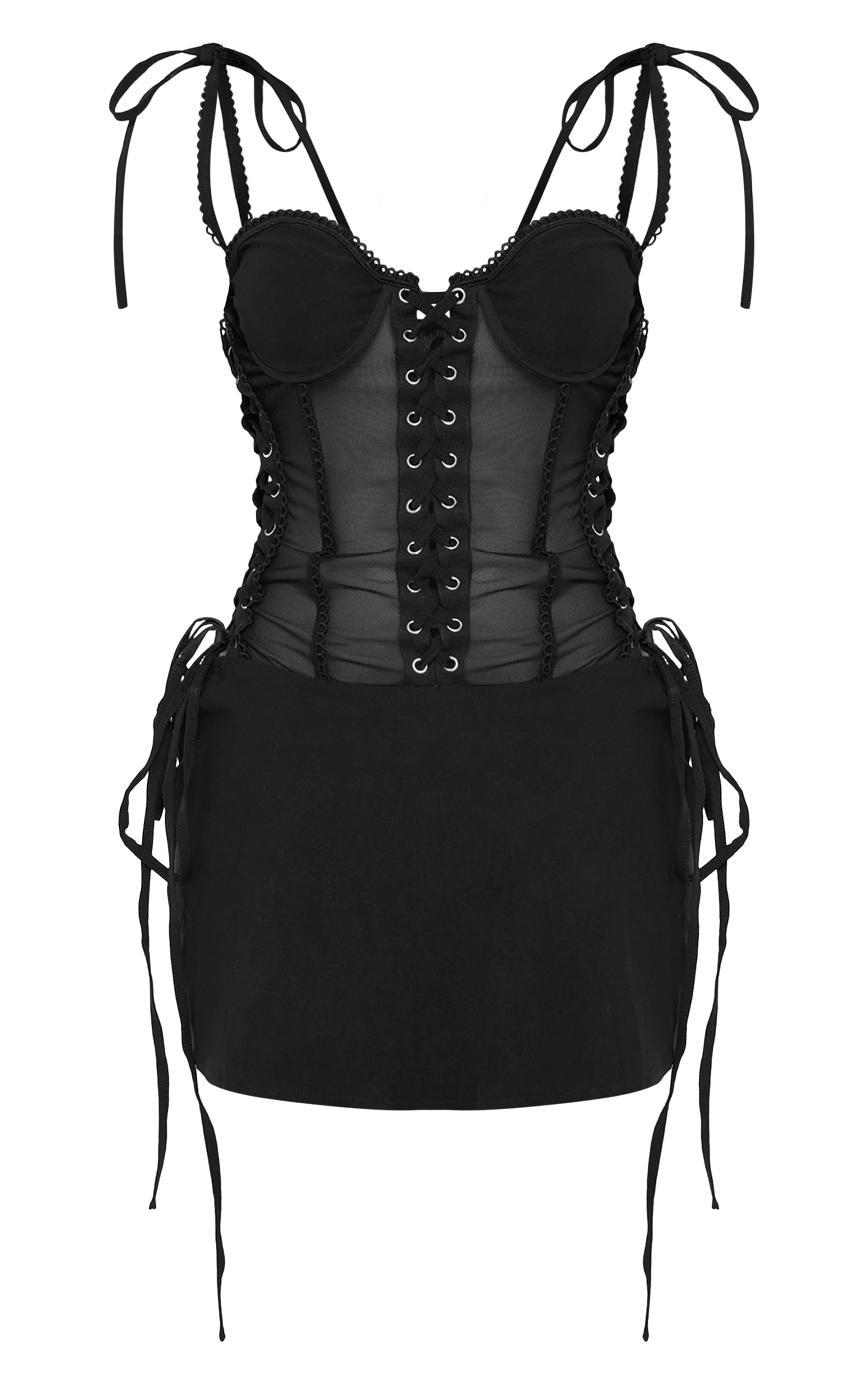 Petite Mini-robe noire ajustée à corset en mesh lacé image 5