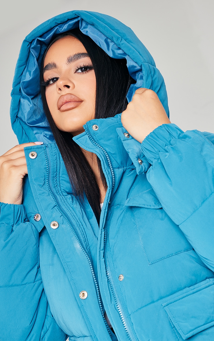 Petite Petrol Blue Peach Skin Pocket Detail Puffer image 4