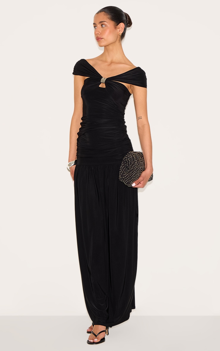 Tall Black Double Layer Slinky Trim Detail Bardot Long Top image 3