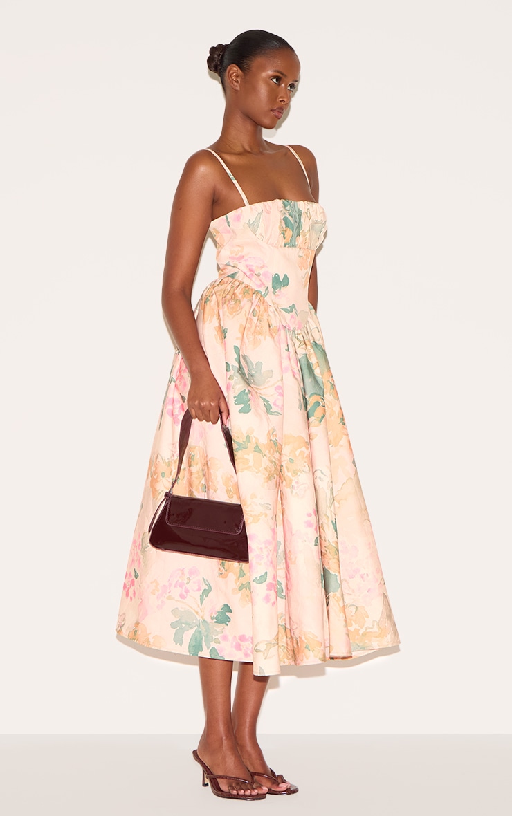 Pink Abstract Floral Ruched Bust Corset Strappy Midaxi Dress image 3