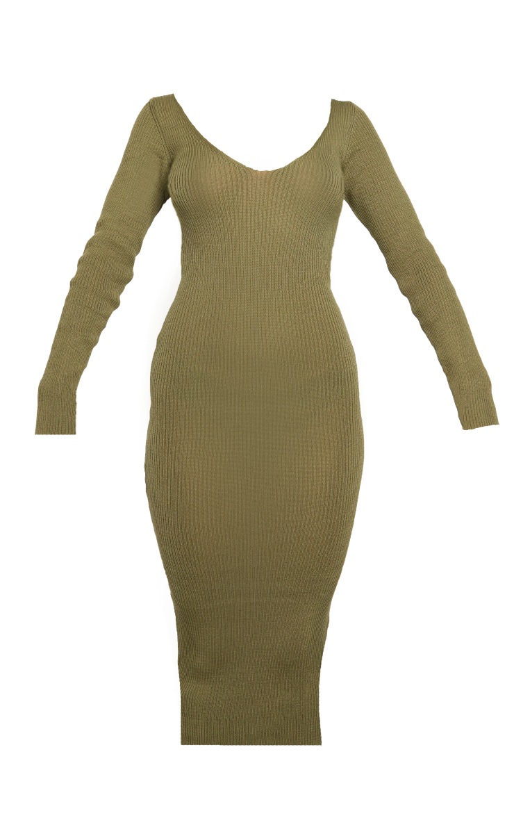 Khaki V Neck Knit Midi Dress image 1