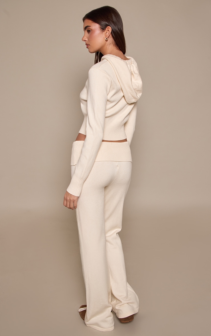 Cream Fold Over Waist Band Flared Knitted Trousers image 3