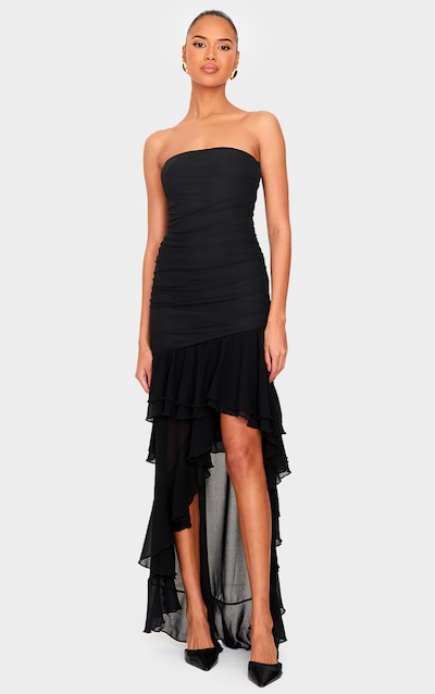 Black Mesh Ruffle Detail Maxi Dress