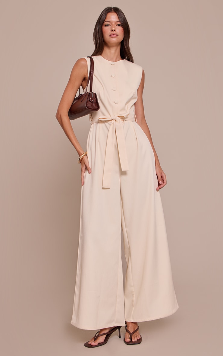 Buttercream Woven Button Tie Belt Wide Leg Jumpsuit image 1