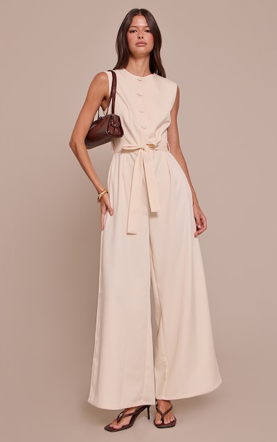 Buttercream Woven Button Tie Belt Wide Leg Jumpsuit