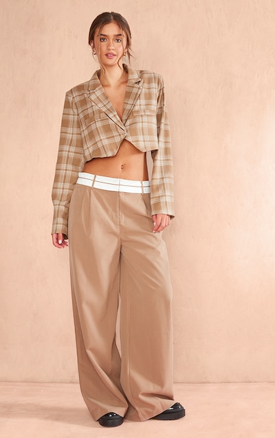 Sand Check Asymmetric Hem Boxy Crop Blazer