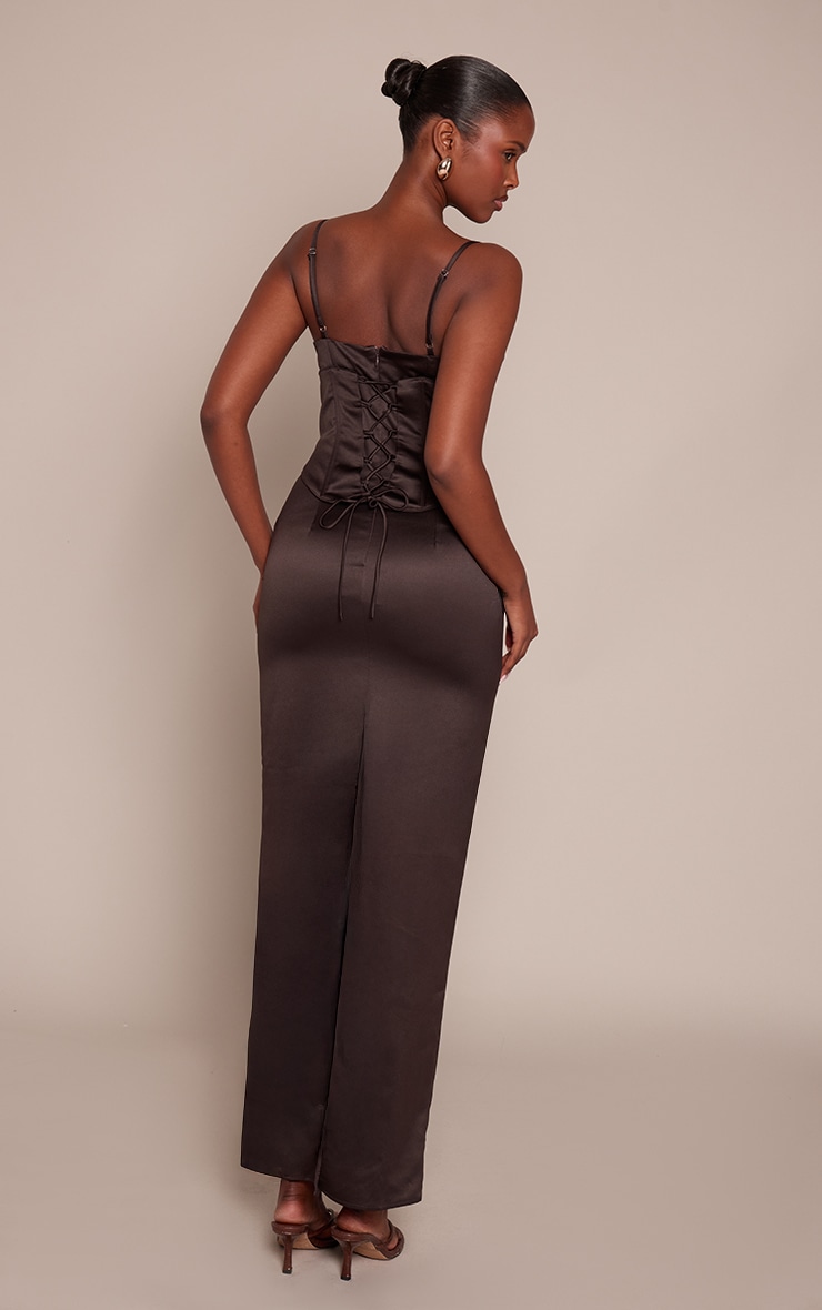 Chocolate Satin Lace Cup Lace Back Detail Maxi Dress image 2
