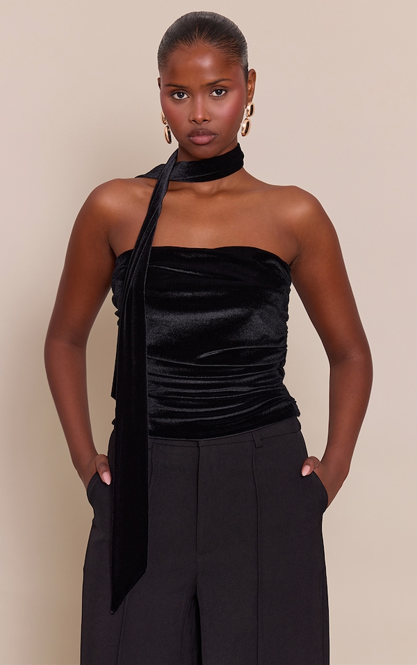 Black Velvet Bandeau Scarf Detail Top
