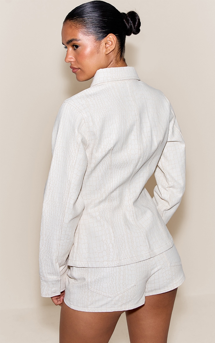Cream Snake Print Coated Cinched Denim Shirt image 2