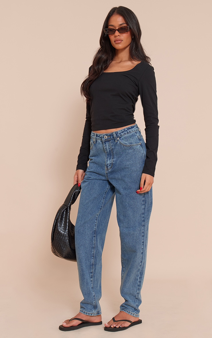 Tall Black Soft Cotton Scoop Neck Long Sleeve Fitted Top image 3
