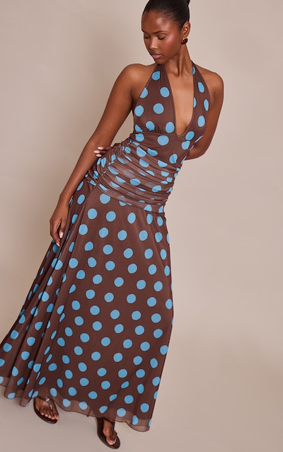 Brown Polka Dot Chiffon Halterneck Maxi Dress
