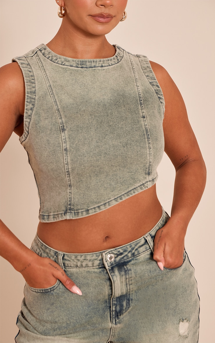 Shape Crop top asymétrique en jean stretch indigo vintage délavé image 4