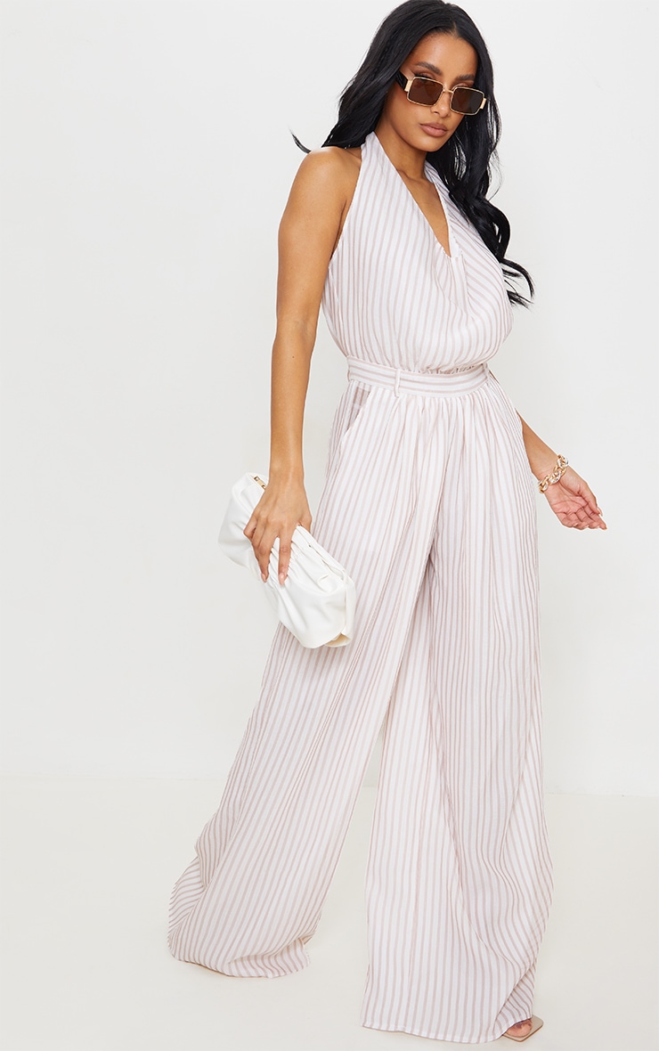 Dusty Pink Stripe Cowl Halterneck Wide Leg Jumpsuit image 1