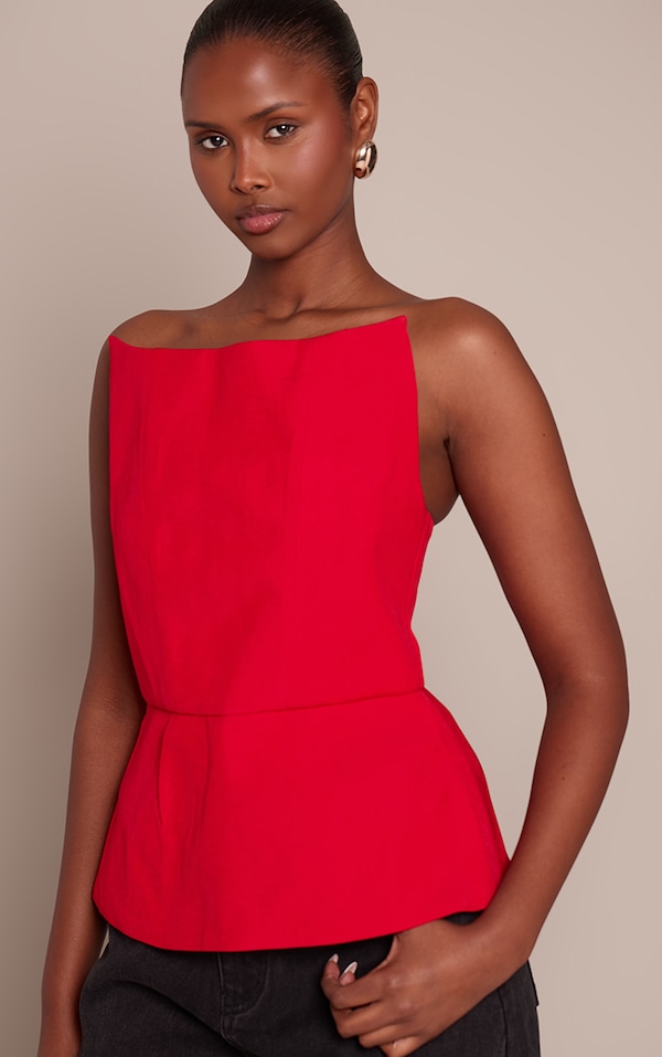 Red Premium Woven Peplum Bandeau Top