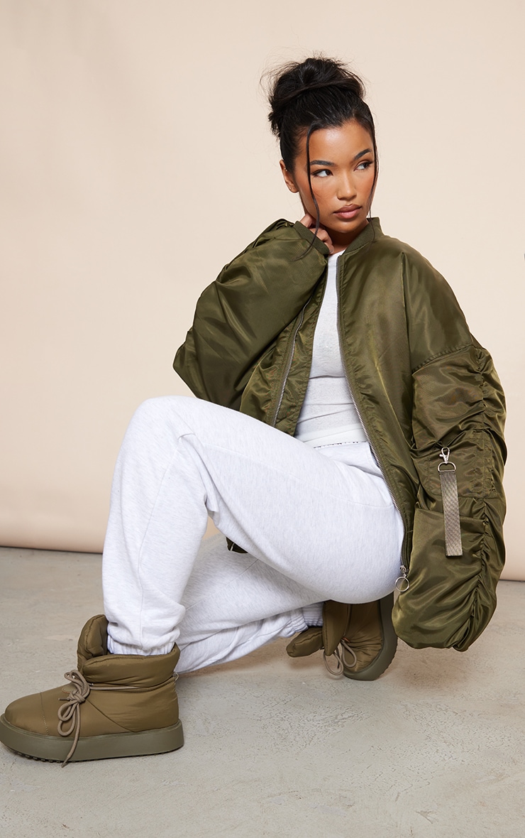 Khaki Oversized Ruched Sleeve Bomber Jacket image 3