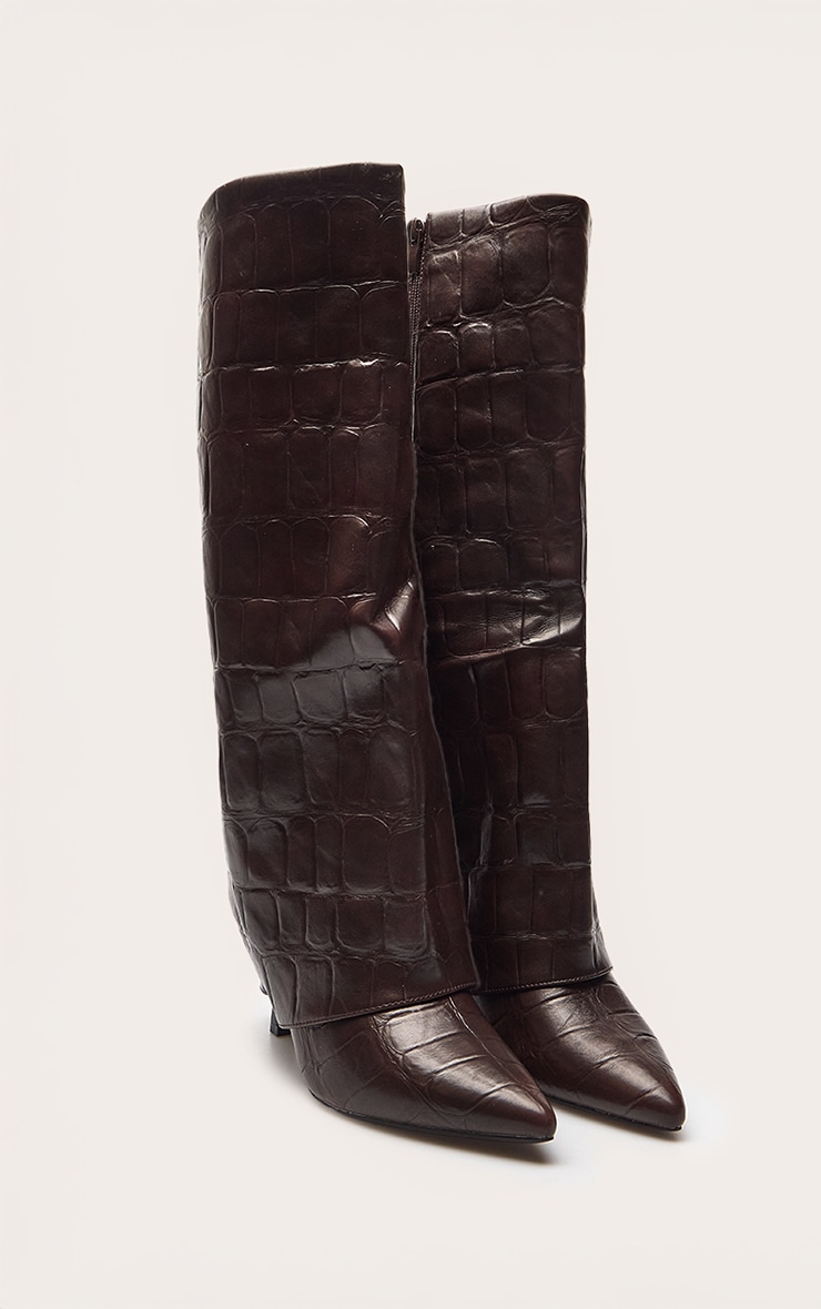 Chocolate Croc Faux Leather Stiletto Foldover Knee High Boots image 3