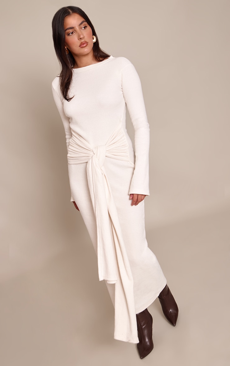 Robe longue côtelée brossée crème à détail noué image 1
