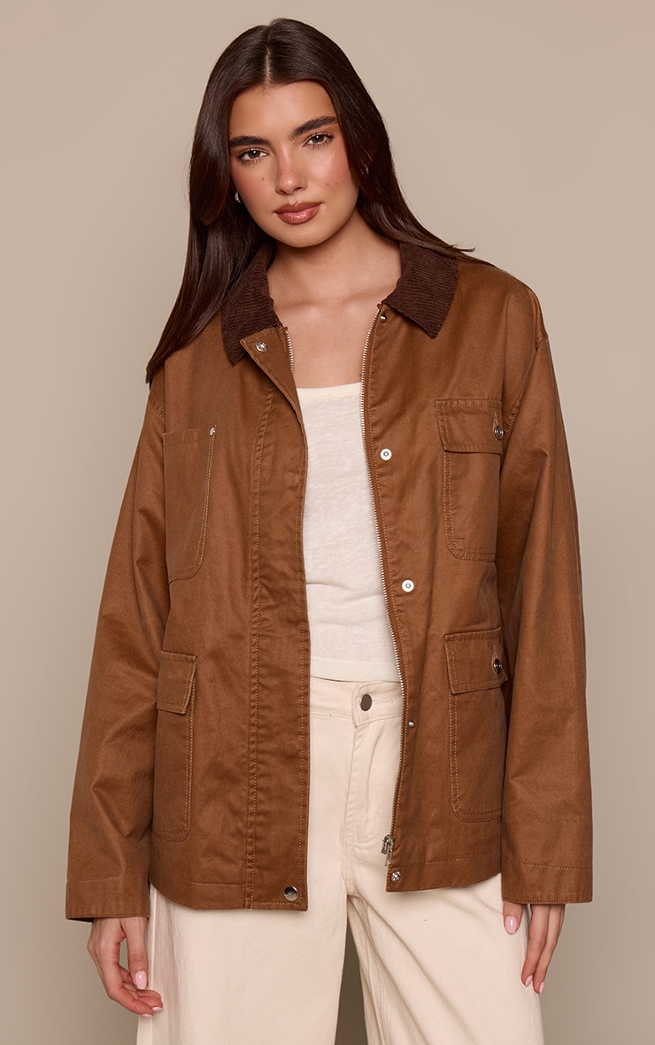 Tan Contrast Collar Pocket Detail Barn Jacket