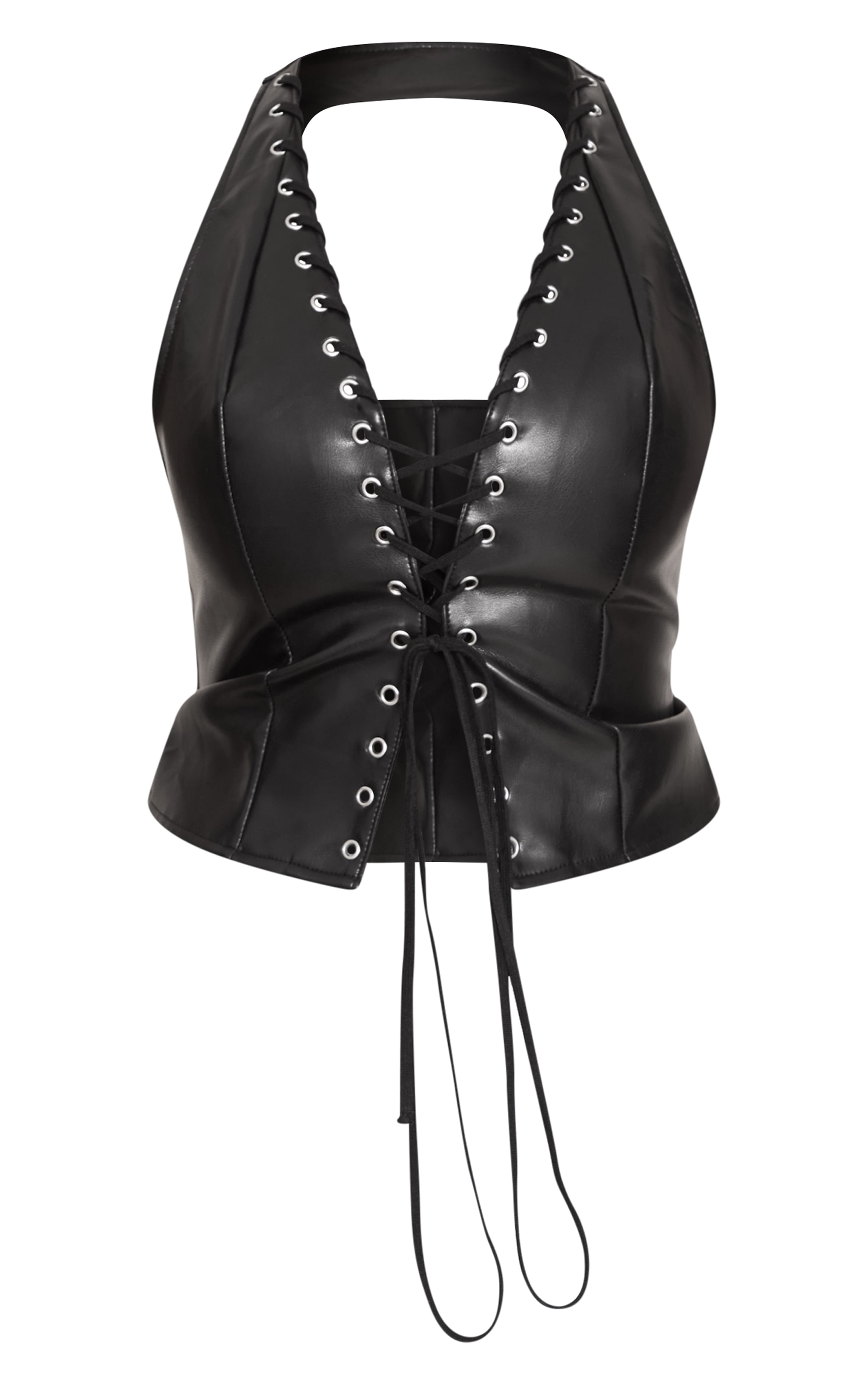 Shape BLACK Faux Leather Halter Neck Lace Up Corset image 5