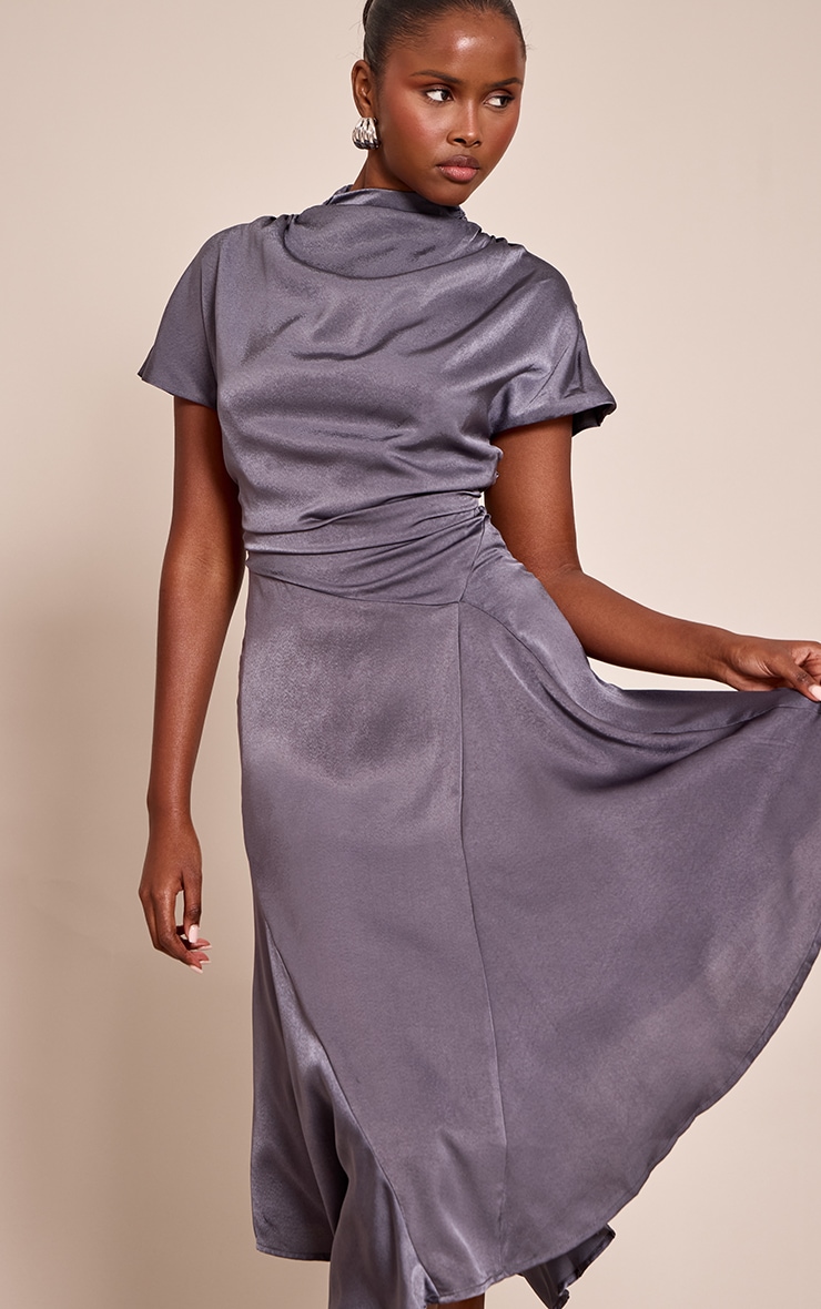 Grey Satin Draped Hanky Hem Midaxi Dress image 4