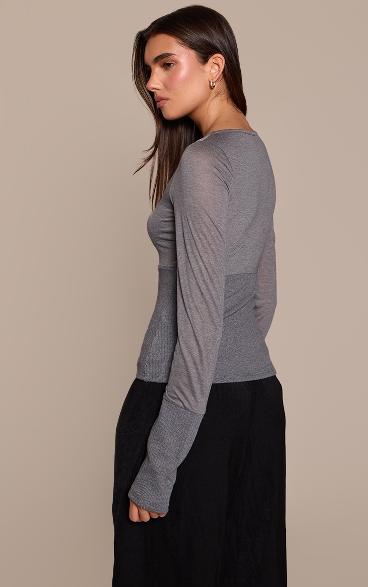 Grey Contrast Jersey Rib Long Sleeve Fitted Top image 2