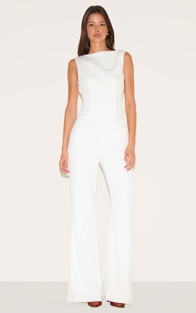 White Structured Woven Plunge Back Corset Straight Leg Jumpsuit