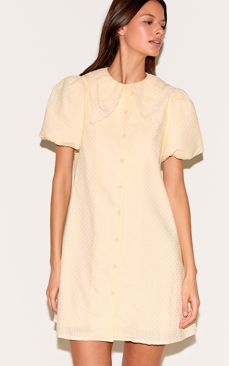 Almond Embroidered Cotton Lace Trim Puff Sleeve Shirt Dress image 3