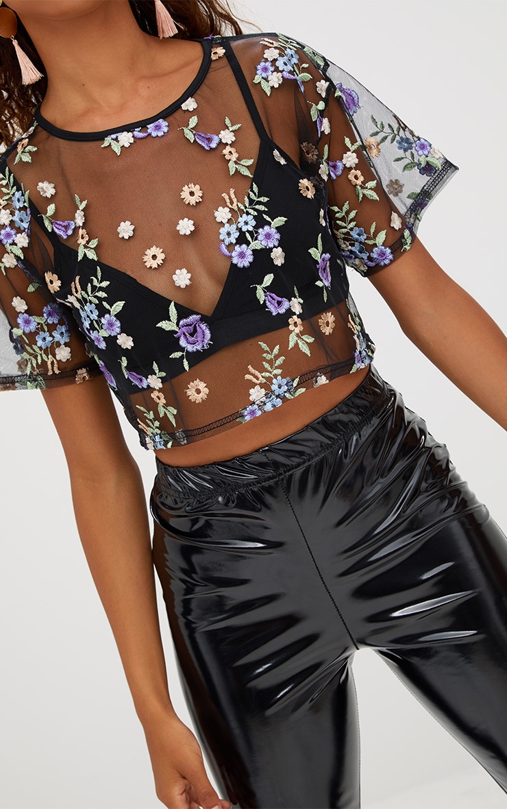 Petite Black Sheer Embroidered Crop Top. Tops PrettyLittleThing