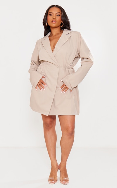 Plus Stone Woven Long Sleeve Toggle Waist Blazer Dress