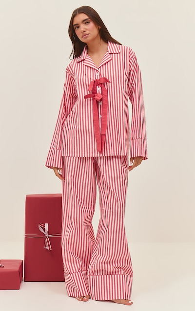 Red Striped Bow Detail Long Pyjama Set