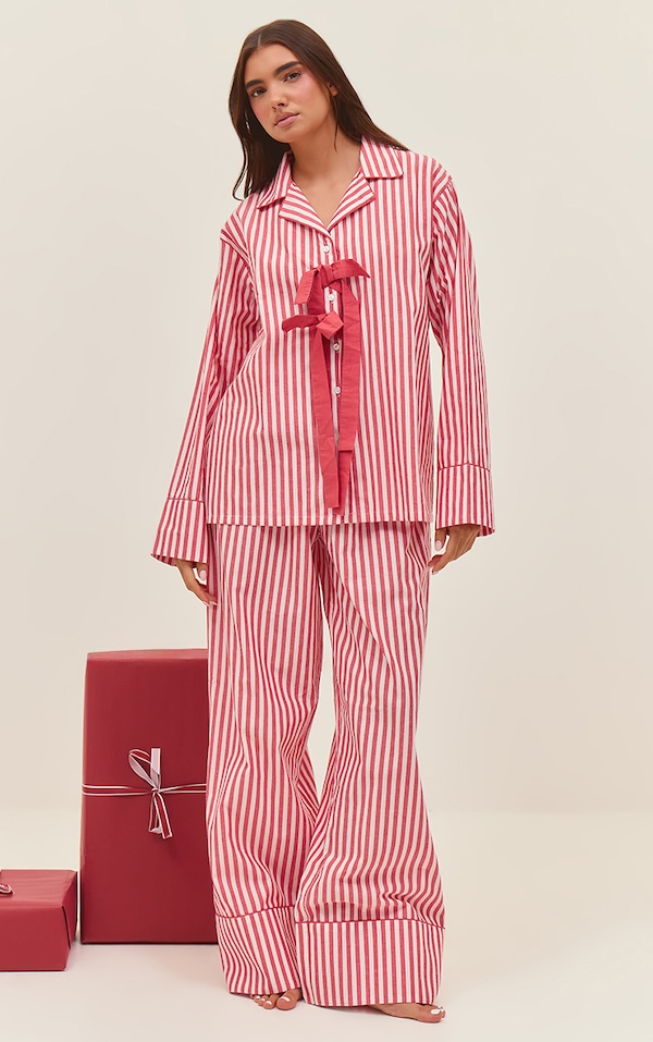 Red Striped Bow Detail Long Pajama Set