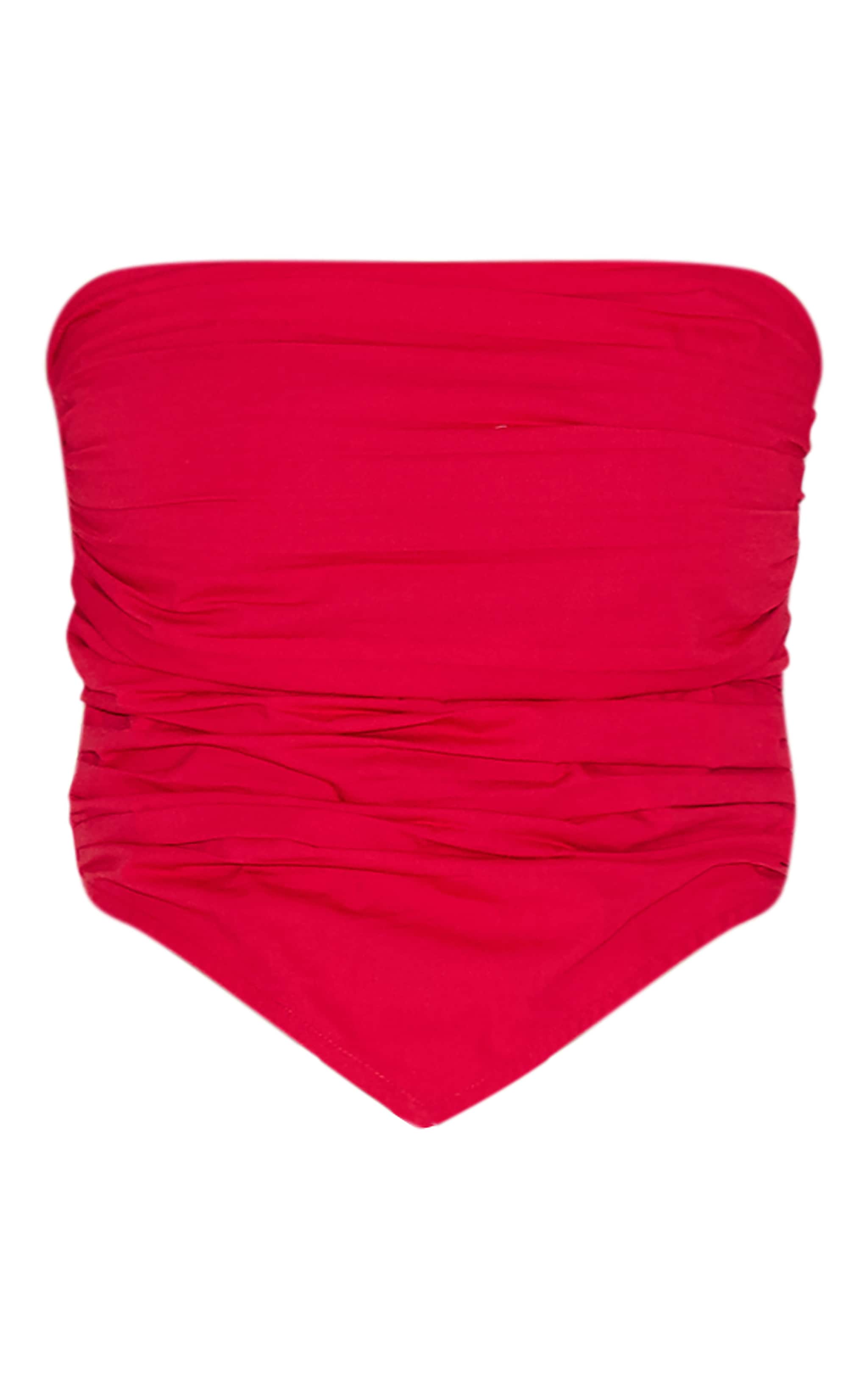 Top bustier en popeline de coton rouge tomate froncée devant image 5